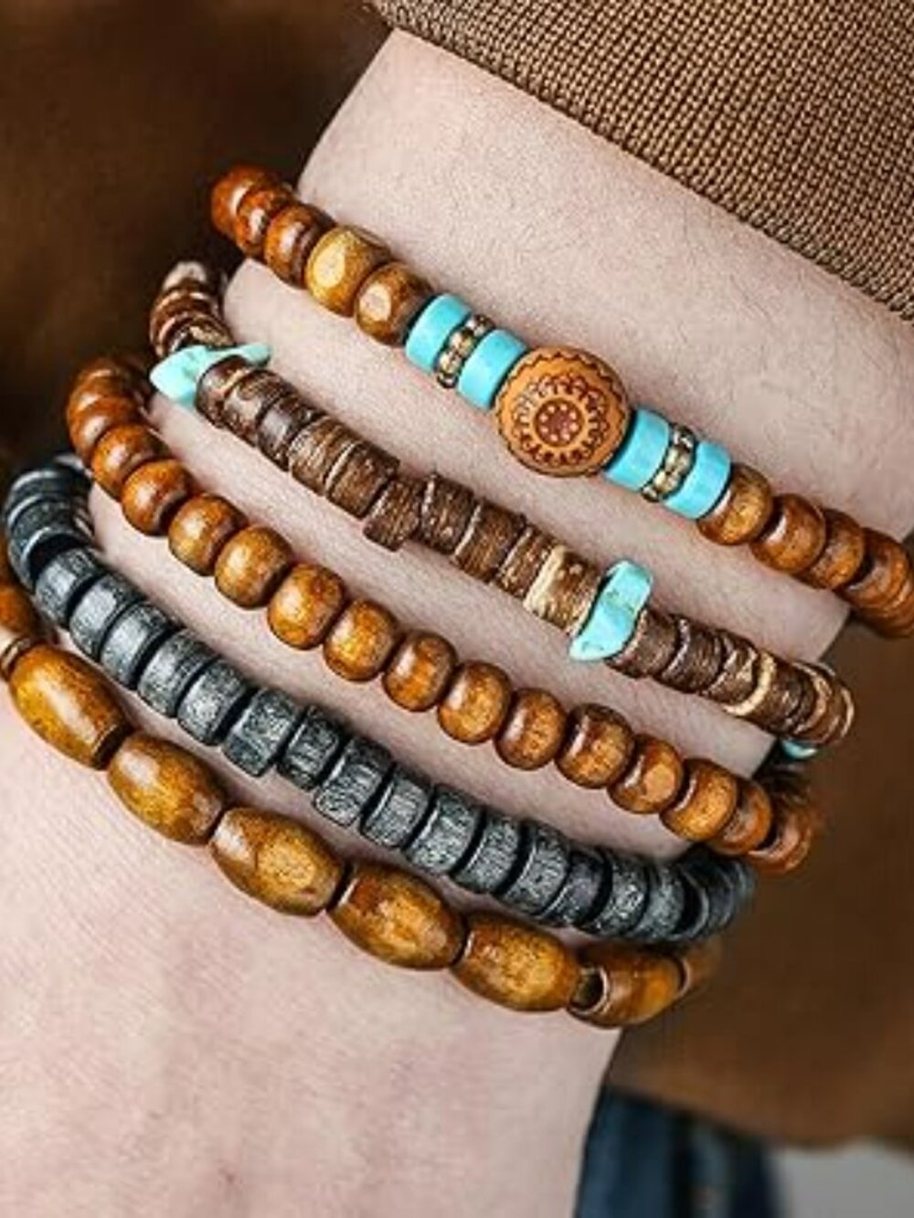 New - Boho Western Jewelry Cowgirl Rodeo Turquoise Bracelet Set Wooden Beads